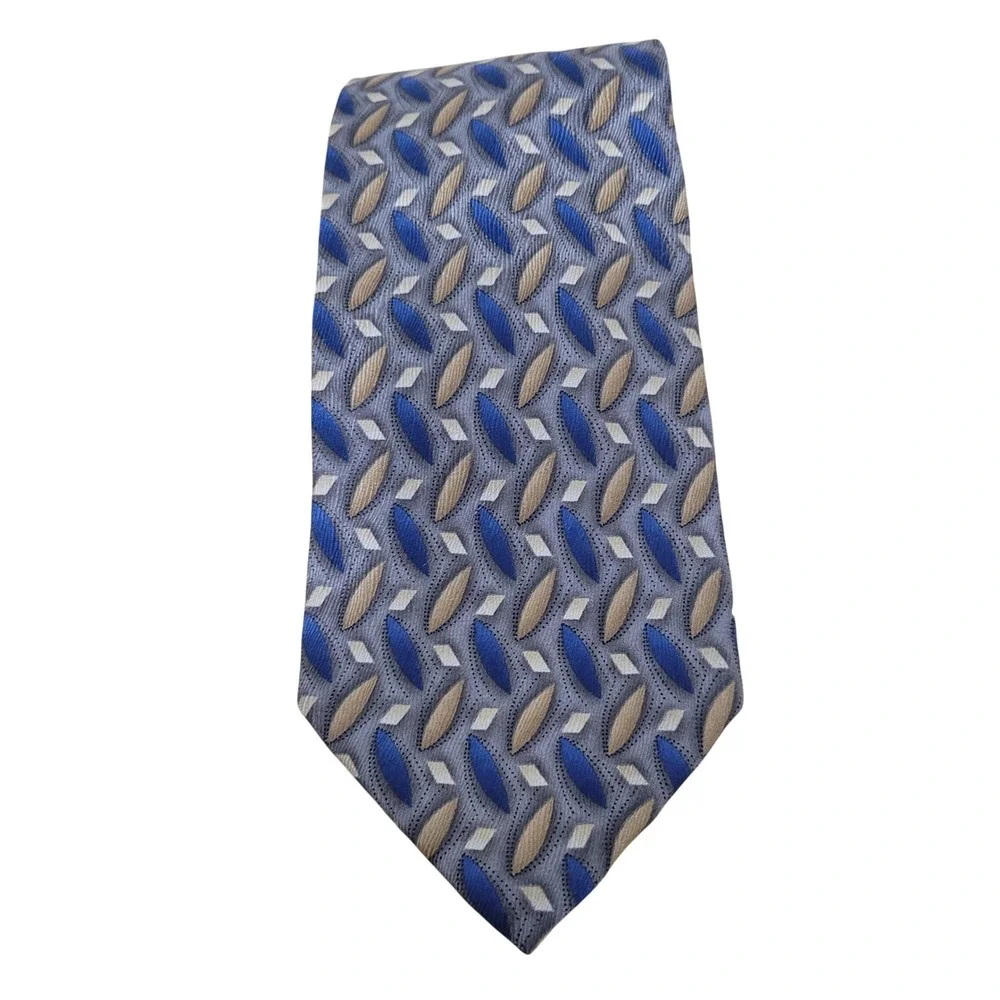 J.Z. Richards Men Silk Necktie Blue Gold Grey Geometric Diamond Pattern USA Made